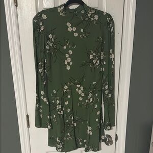 Reformation Green Mock Neck Bishop Sleeve Dress